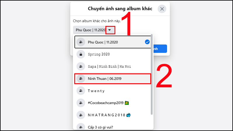 chọn biểu tượng tam giác để mở những album bạn có > Chọn album mà bạn muốn chuyển ảnh qua.